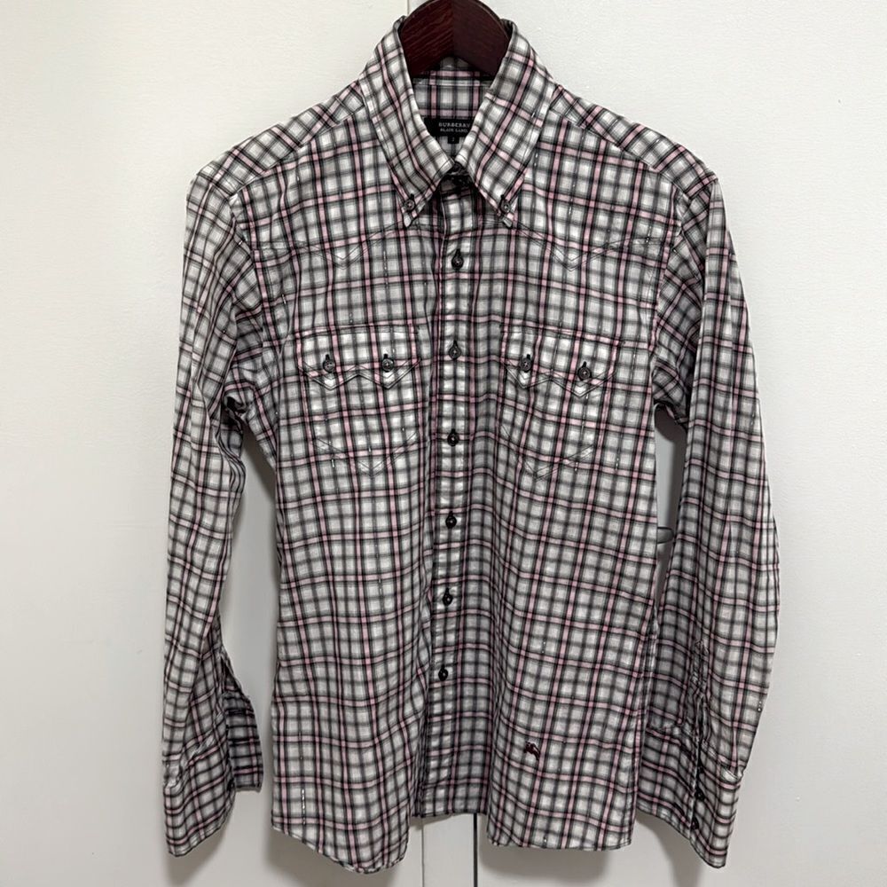 Burberry Woman’s Black Label Japan Long Sleeve Blouse Plaid w/Metallic Thread. - Picture 1 of 10